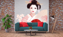 Load image into Gallery viewer, Geisha Wall Decal, Japanese Woman Sticker, Asian Wall Art, Soft Pink Bedroom Decor, Elegant Portrait Mural, 115gm
