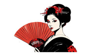 Load image into Gallery viewer, Geisha Wall Decal, Japanese Fan Sticker, Asian Woman Wall Art, Bedroom Decor, Red Black Portrait Mural, 116gm
