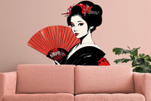 Load image into Gallery viewer, Geisha Wall Decal, Japanese Fan Sticker, Asian Woman Wall Art, Bedroom Decor, Red Black Portrait Mural, 116gm