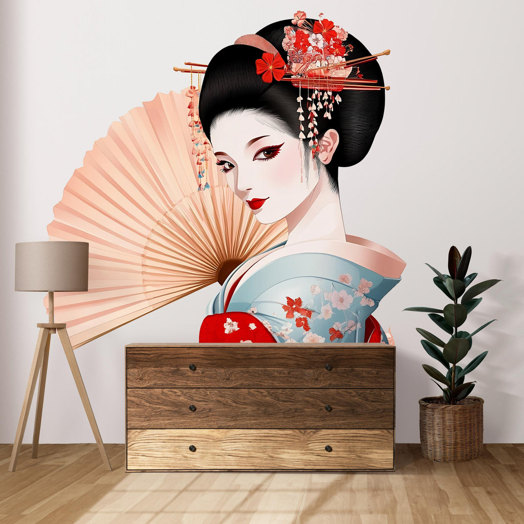 Geisha Wall Decal, Japanese Woman Sticker, Asian Wall Art, Kimono Bedroom Decor, Elegant Fan Mural, 117gm