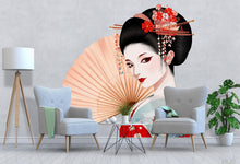 Load image into Gallery viewer, Geisha Wall Decal, Japanese Woman Sticker, Asian Wall Art, Kimono Bedroom Decor, Elegant Fan Mural, 117gm