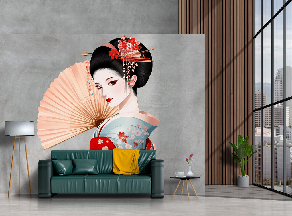 Geisha Wall Decal, Japanese Woman Sticker, Asian Wall Art, Kimono Bedroom Decor, Elegant Fan Mural, 117gm