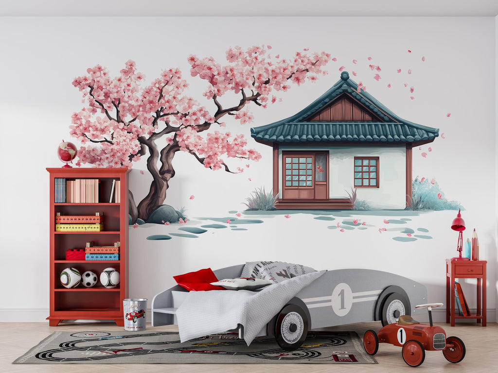 Cherry Blossom Wall Decal, Japanese House Sticker, Kids Room Wall Art, Pink Tree Mural, Nursery Decor, 119gm