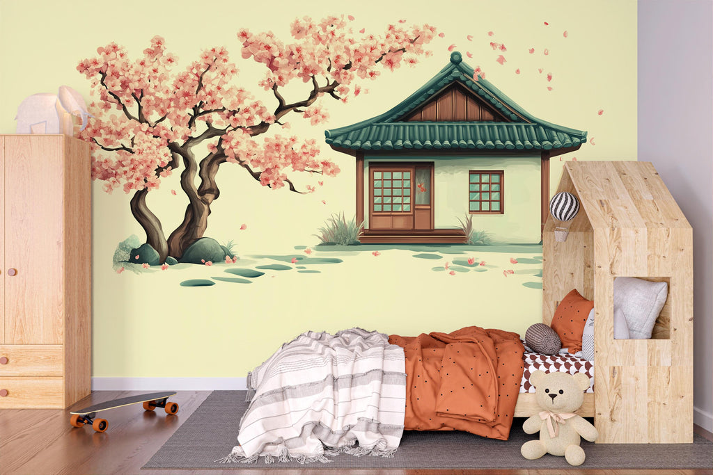 Cherry Blossom Wall Decal, Japanese House Sticker, Kids Room Wall Art, Pink Tree Mural, Nursery Decor, 119gm