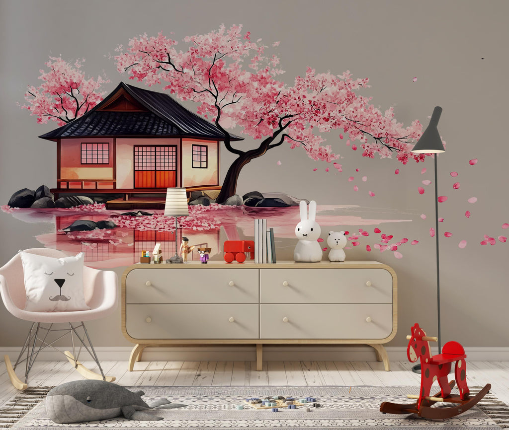 Cherry Blossom Wall Decal, Japanese House Sticker, Pink Tree Wall Art, Nursery Decor, Floral Wall Mural, 120gm