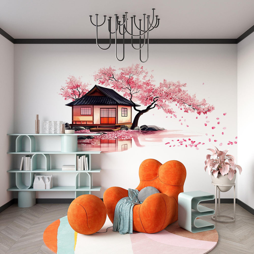 Cherry Blossom Wall Decal, Japanese House Sticker, Pink Tree Wall Art, Nursery Decor, Floral Wall Mural, 120gm