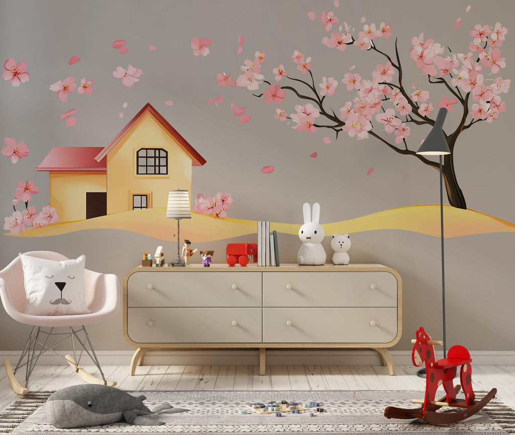 Cherry Blossom Wall Decal, Pink Tree House Sticker, Nursery Wall Art, Kids Room Decor, Floral Wall Mural, 121gm