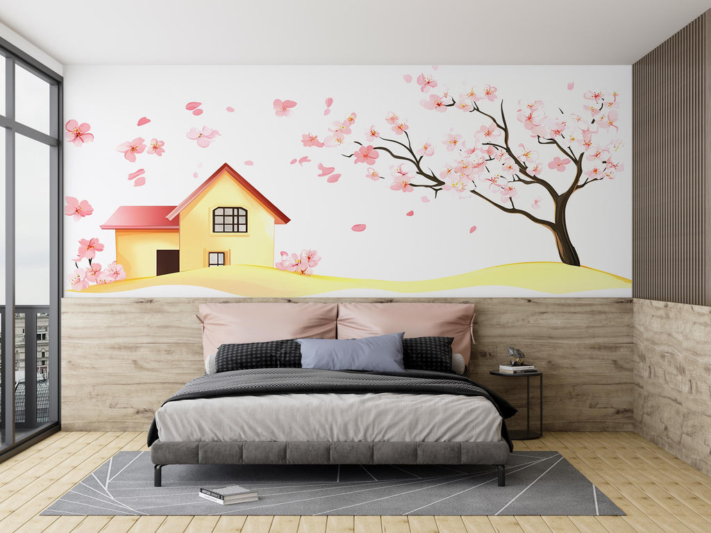 Cherry Blossom Wall Decal, Pink Tree House Sticker, Nursery Wall Art, Kids Room Decor, Floral Wall Mural, 121gm