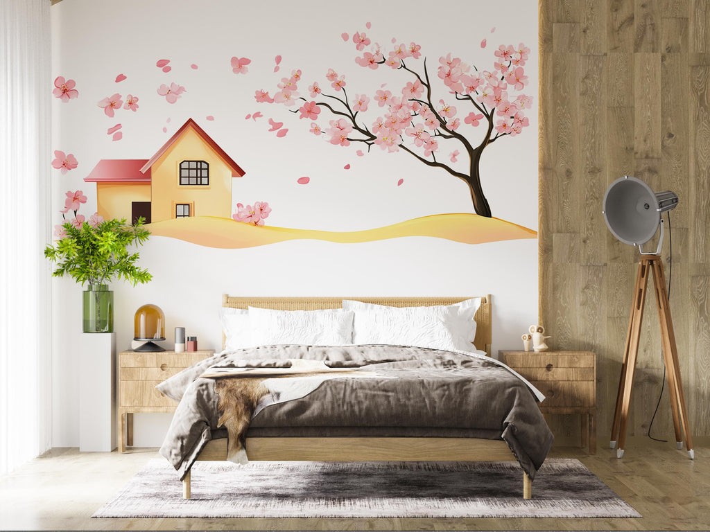 Cherry Blossom Wall Decal, Pink Tree House Sticker, Nursery Wall Art, Kids Room Decor, Floral Wall Mural, 121gm