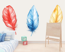 Load image into Gallery viewer, Feather Wall Decal Set, Colorful Feather Stickers, Nursery Wall Art, Boho Kids Room Decor, Modern Wall Mural, 122gm