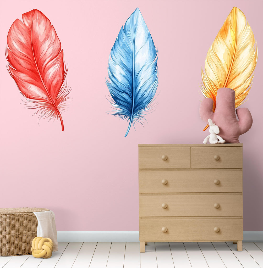 Feather Wall Decal Set, Colorful Feather Stickers, Nursery Wall Art, Boho Kids Room Decor, Modern Wall Mural, 122gm