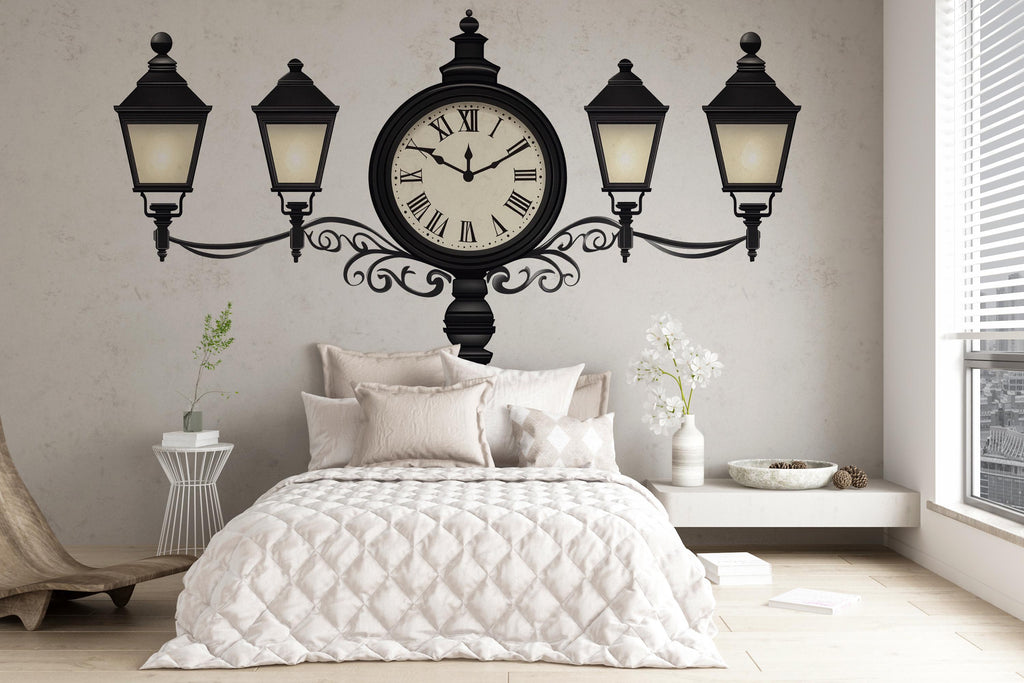 Vintage Clock Wall Decal, Street Lamp Wall Sticker, Retro Wall Art, Bedroom Decor, Classic Clock Mural, 124gm
