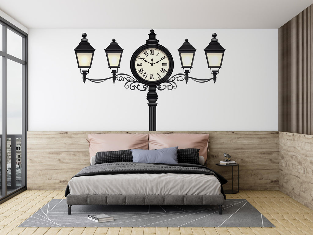Vintage Clock Wall Decal, Street Lamp Wall Sticker, Retro Wall Art, Bedroom Decor, Classic Clock Mural, 124gm