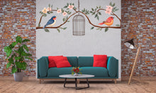 Load image into Gallery viewer, Bird Wall Decal, Floral Branch Sticker, Birdcage Wall Art, Nursery Decor, Nature Wall Mural, 125gm