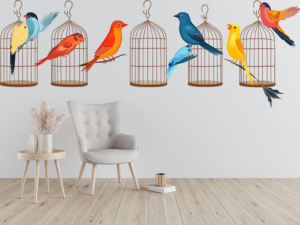 Bird Wall Decal Set, Colorful Bird Stickers, Birdcage Wall Art, Nursery Decor, Kids Room Wall Mural, 127gm