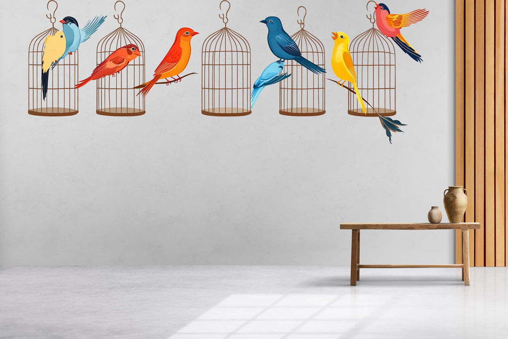 Bird Wall Decal Set, Colorful Bird Stickers, Birdcage Wall Art, Nursery Decor, Kids Room Wall Mural, 127gm