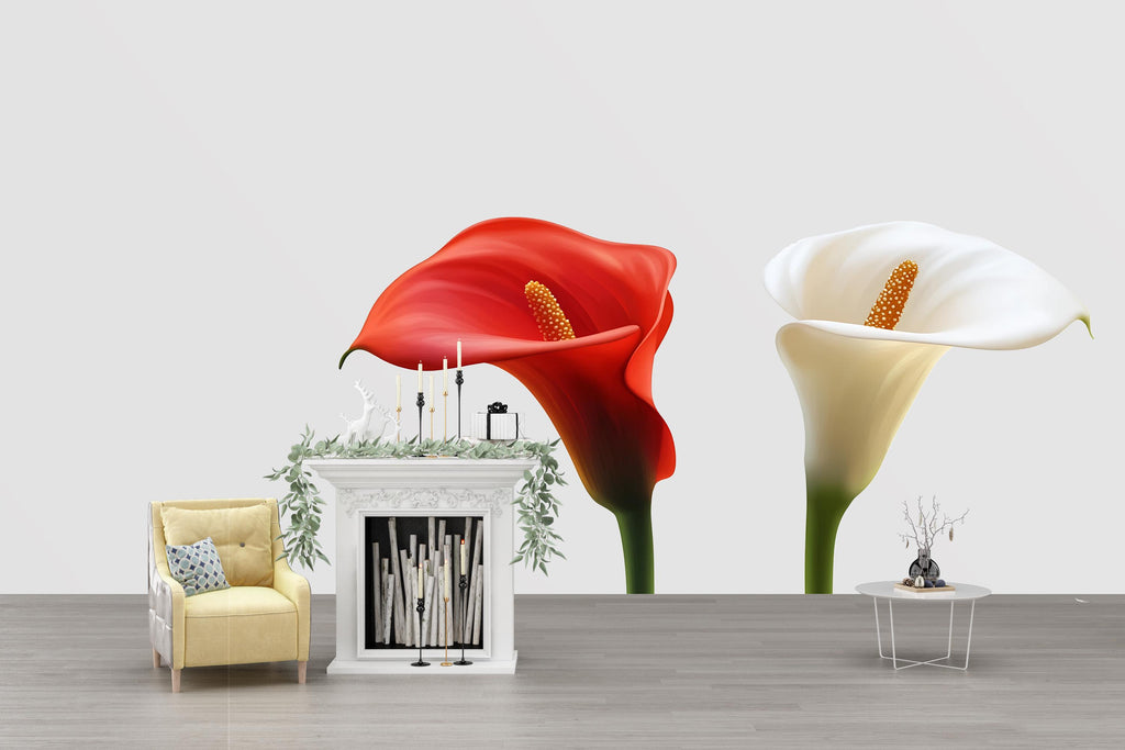 Calla Lily Wall Decal, Red White Flower Sticker, Floral Wall Art, Bedroom Decor, Modern Botanical Mural, 128gm