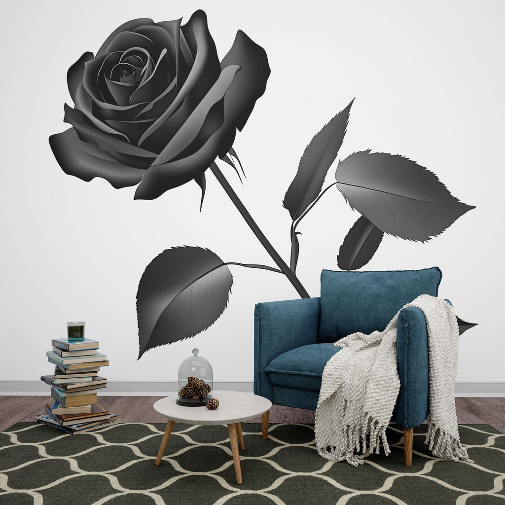 Black Rose Wall Decal, Gothic Rose Sticker, Dark Floral Wall Art, Bedroom Decor, Modern Botanical Mural, 131gm