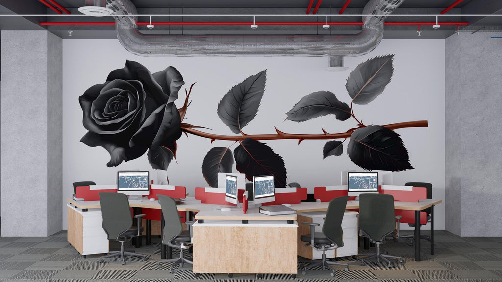 Black Rose Wall Decal, Gothic Floral Sticker, Dark Botanical Wall Art, Office Decor, Modern Rose Mural, 132gm