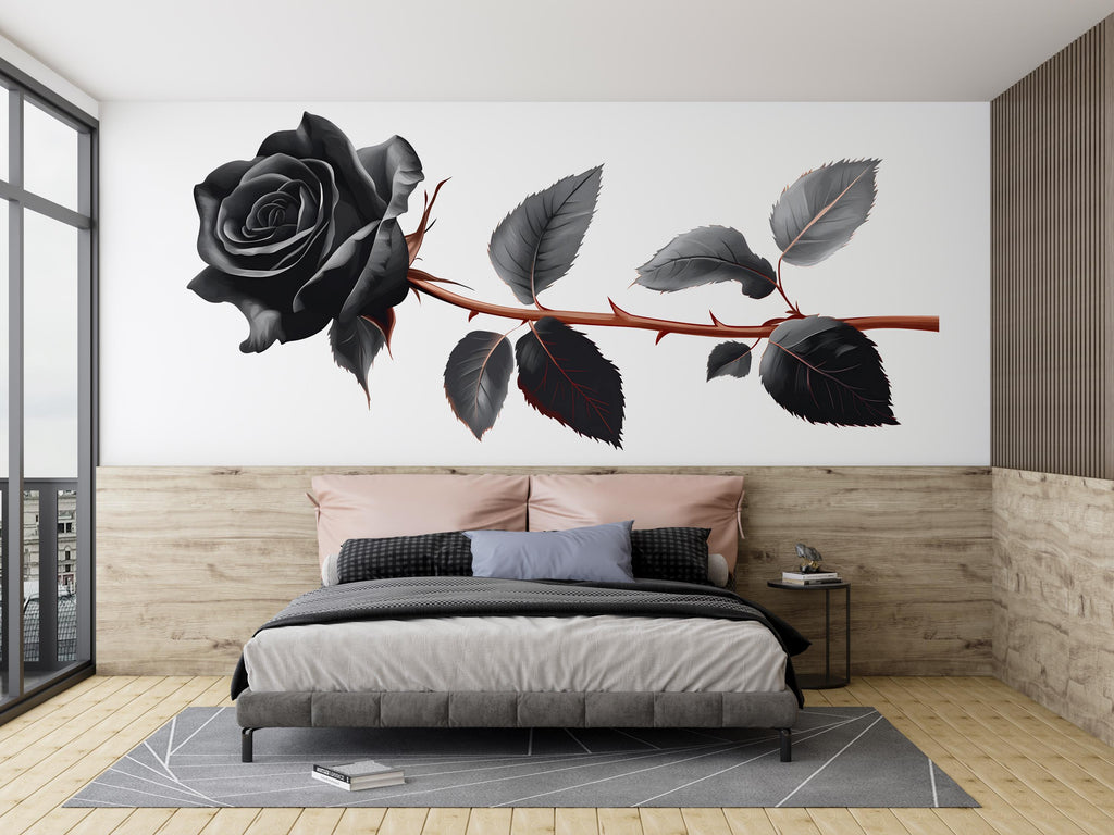 Black Rose Wall Decal, Gothic Floral Sticker, Dark Botanical Wall Art, Office Decor, Modern Rose Mural, 132gm