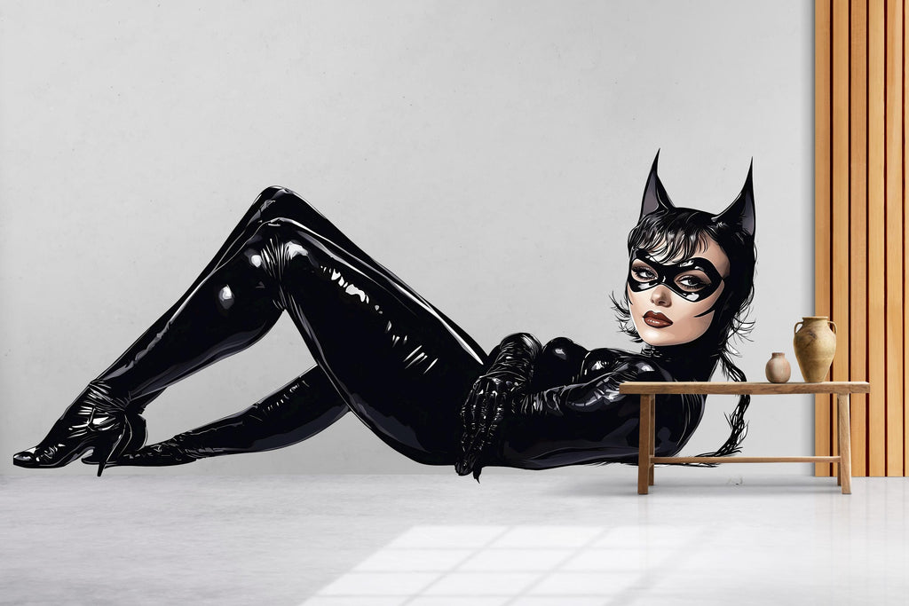 Cat Woman Wall Decal, Superhero Wall Sticker, Glam Bedroom Decor, Comic Style Wall Art, Modern Woman Mural, 137gm