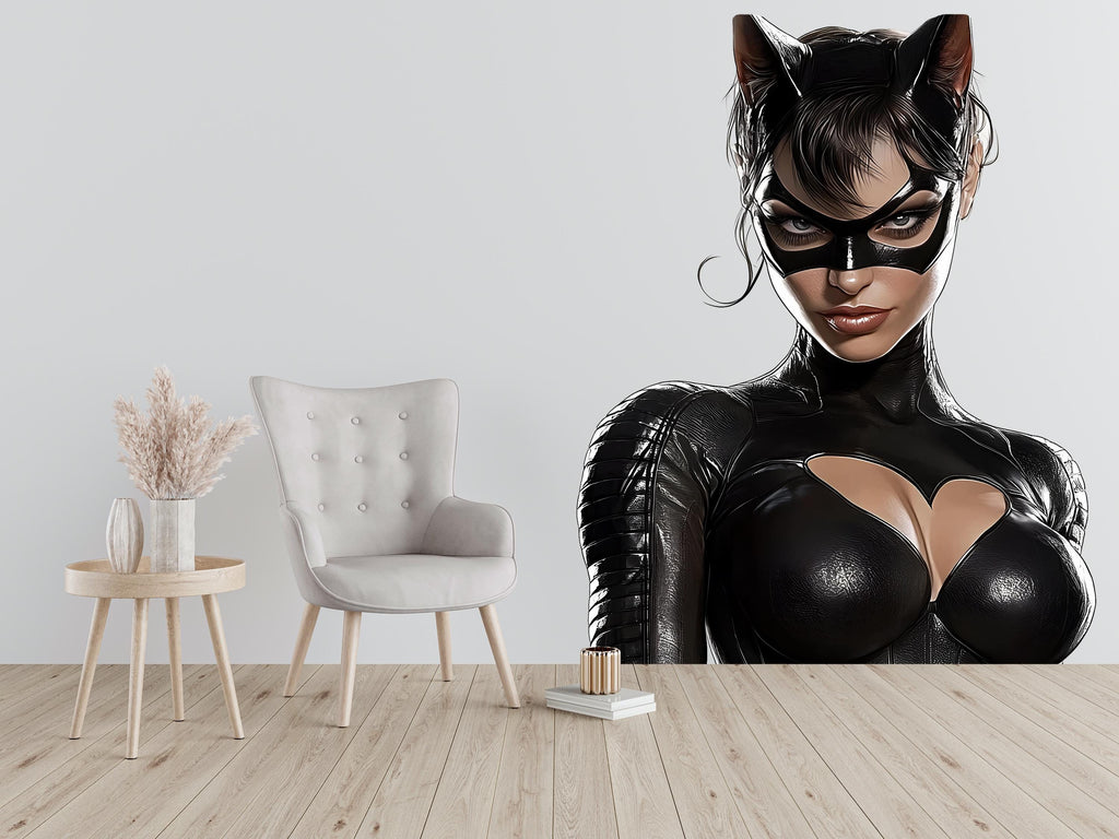Cat Woman Wall Decal, Superhero Wall Sticker, Glam Wall Art, Modern Bedroom Decor, Comic Style Mural, 139gm