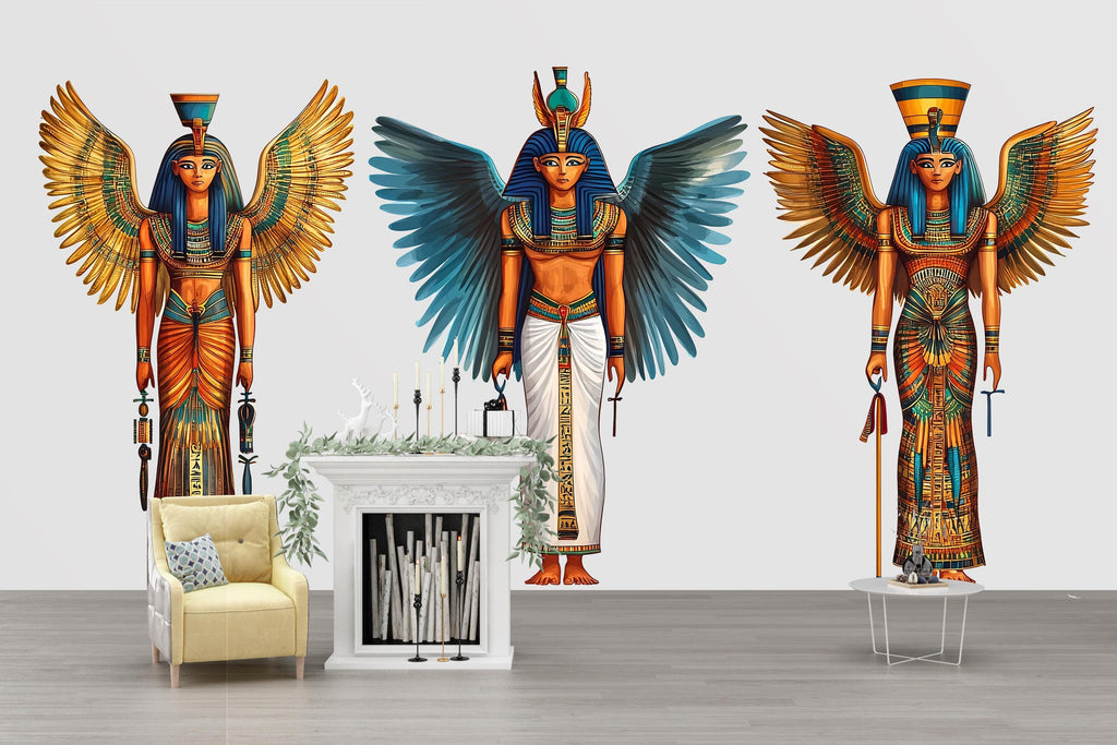 Egyptian Goddess Wall Decal, Winged Egyptian Art Sticker, Ancient Egypt Wall Art, Boho Decor, Mythology Mural, 140gm