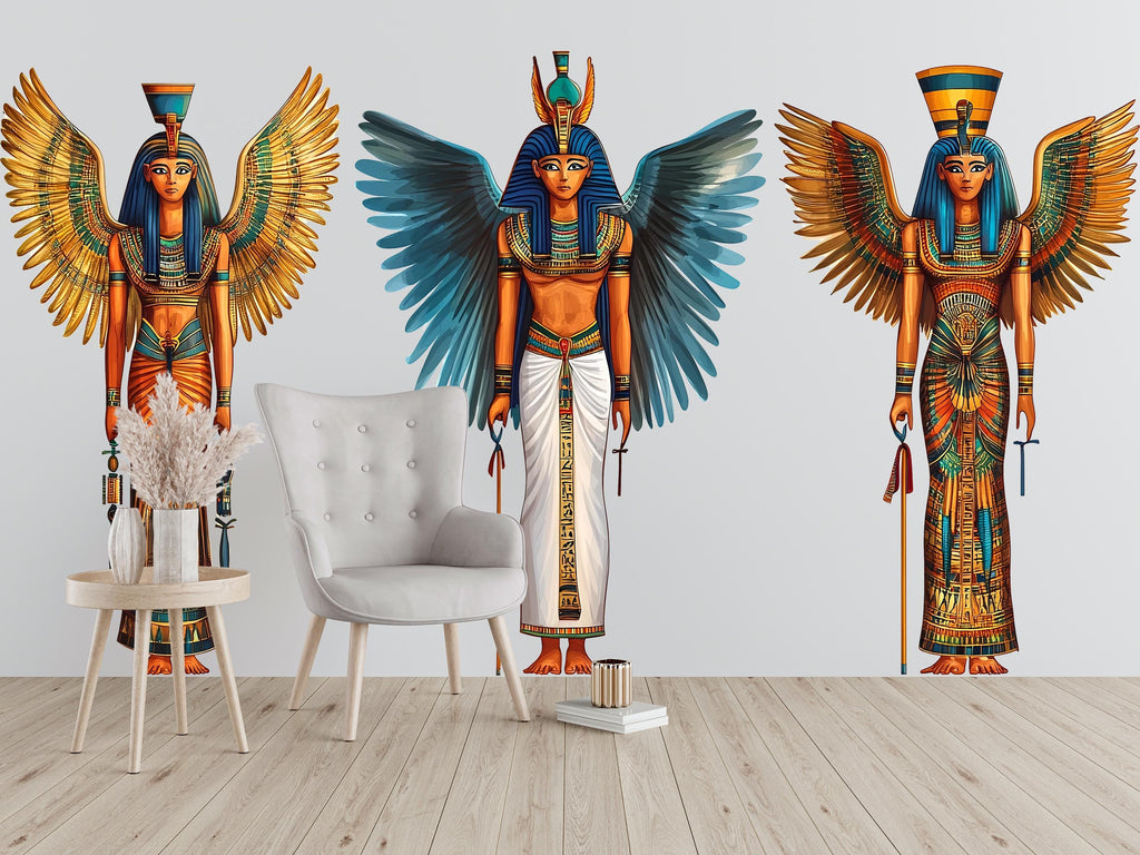 Egyptian Goddess Wall Decal, Winged Egyptian Art Sticker, Ancient Egypt Wall Art, Boho Decor, Mythology Mural, 140gm