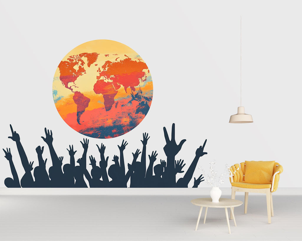 World Map Wall Decal with Raised Hands, Global Unity Wall Mural, Classroom Office Decor, Diversity Art Sticker, 143gm