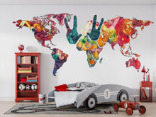 Load image into Gallery viewer, Colorful World Map Wall Decal, Peace Sign Map Sticker, Kids Room Wall Decor, Nursery World Map Mural, Classroom Wall Art, 144gm
