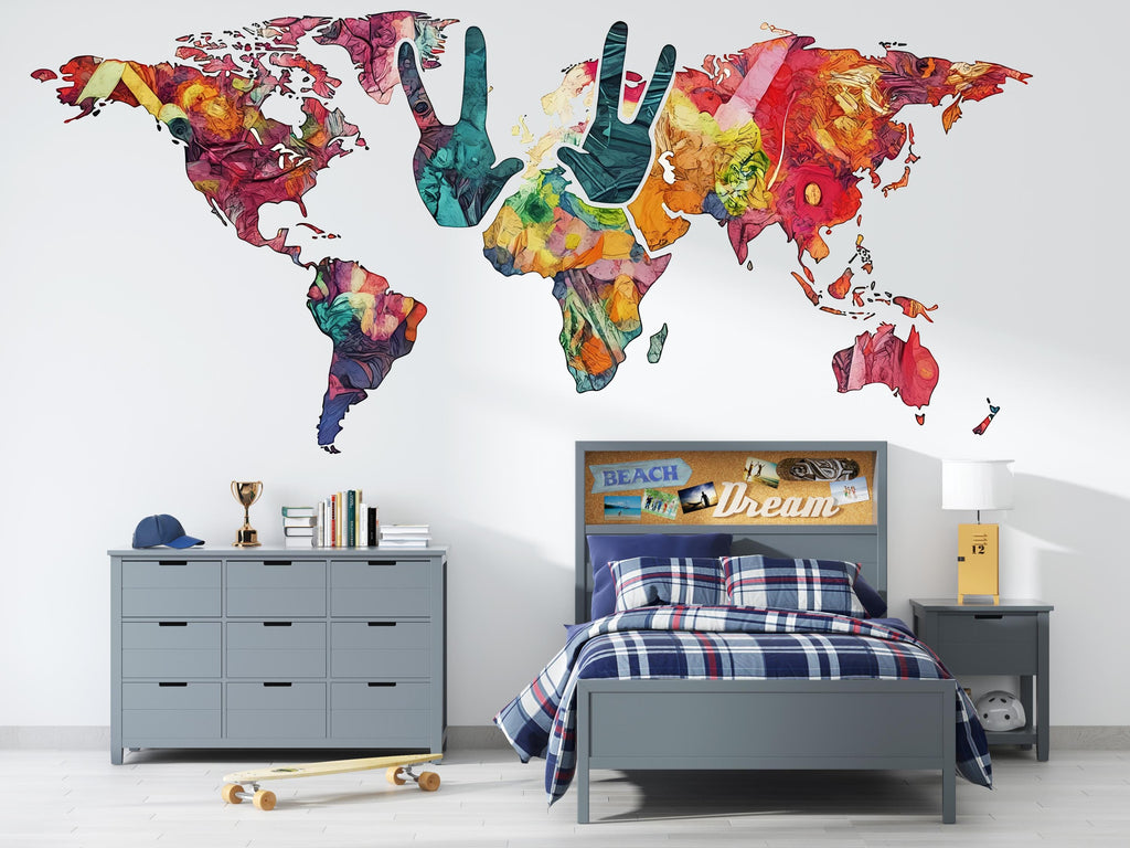 Colorful World Map Wall Decal, Peace Sign Map Sticker, Kids Room Wall Decor, Nursery World Map Mural, Classroom Wall Art, 144gm