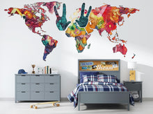 Load image into Gallery viewer, Colorful World Map Wall Decal, Peace Sign Map Sticker, Kids Room Wall Decor, Nursery World Map Mural, Classroom Wall Art, 144gm