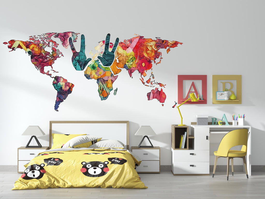 Colorful World Map Wall Decal, Peace Sign Map Sticker, Kids Room Wall Decor, Nursery World Map Mural, Classroom Wall Art, 144gm