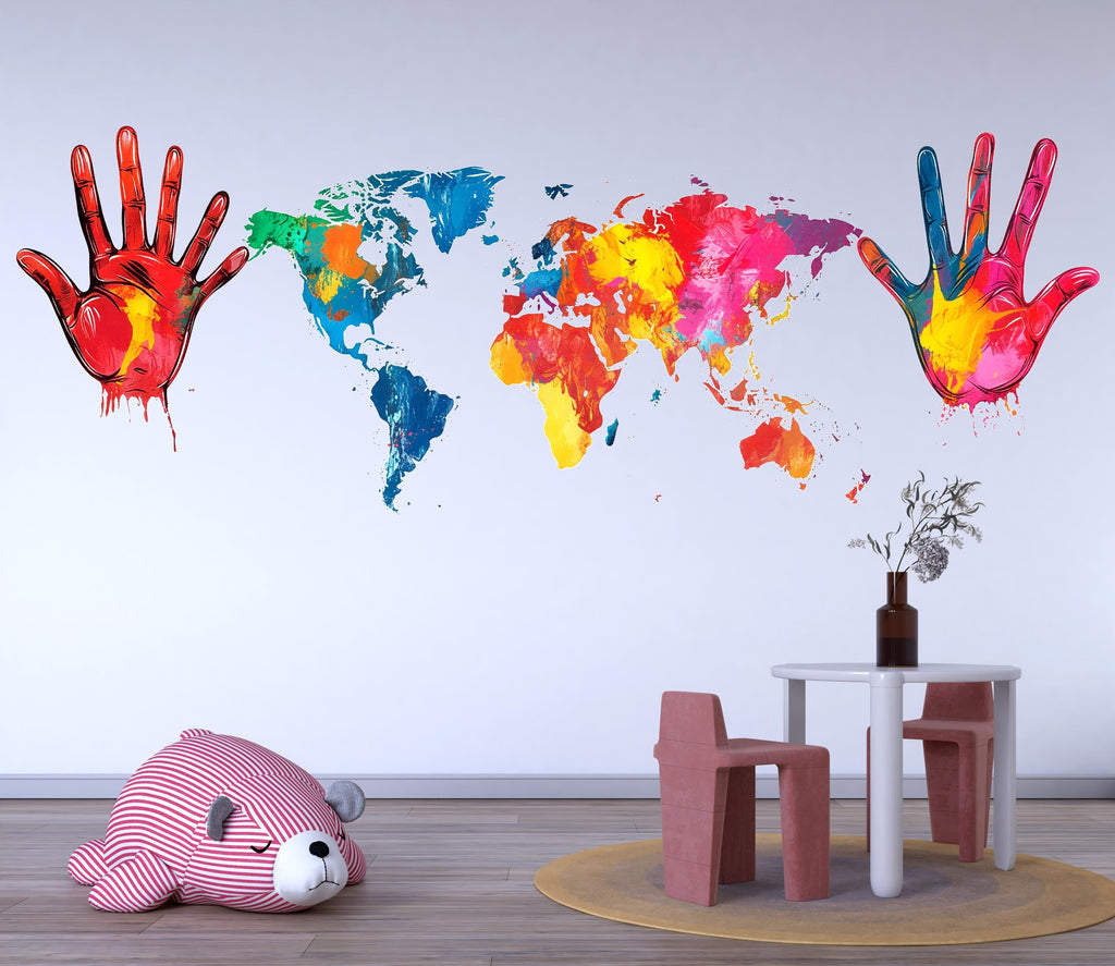 Colorful World Map Wall Decal, Hand Print Wall Sticker, Kids Room Map Mural, Playroom Wall Decor, Nursery World Map Art, 145gm