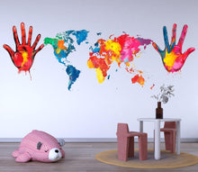 Load image into Gallery viewer, Colorful World Map Wall Decal, Hand Print Wall Sticker, Kids Room Map Mural, Playroom Wall Decor, Nursery World Map Art, 145gm