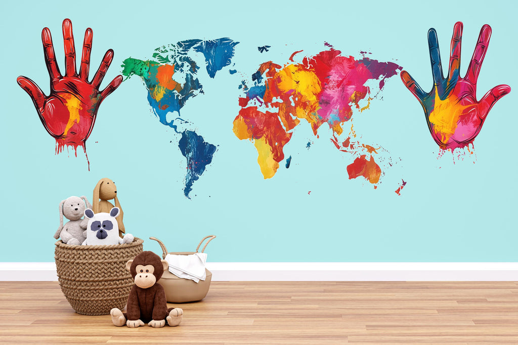 Colorful World Map Wall Decal, Hand Print Wall Sticker, Kids Room Map Mural, Playroom Wall Decor, Nursery World Map Art, 145gm