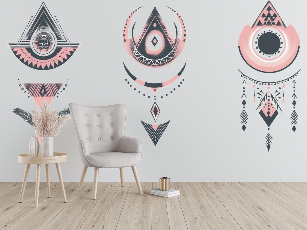 Boho Wall Decal Set, Pink Geometric Wall Art, Tribal Bedroom Wall Stickers, Bohemian Peel and Stick Decor, 148gm