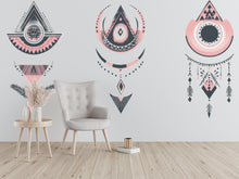 Load image into Gallery viewer, Boho Wall Decal Set, Pink Geometric Wall Art, Tribal Bedroom Wall Stickers, Bohemian Peel and Stick Decor, 148gm