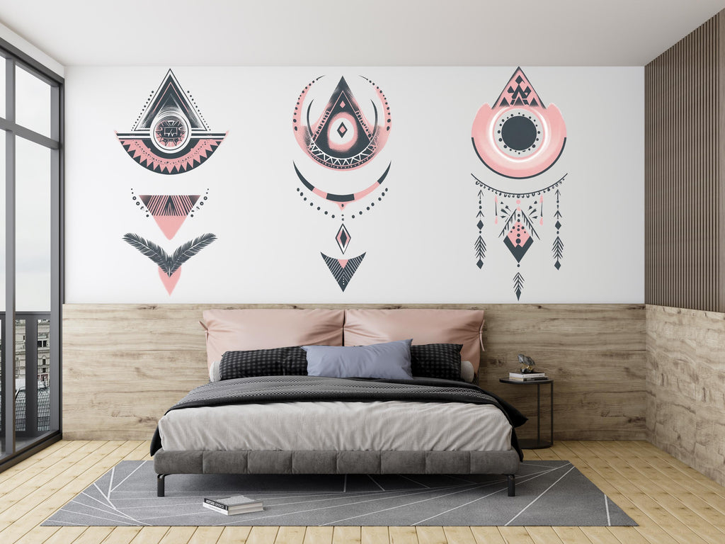 Boho Wall Decal Set, Pink Geometric Wall Art, Tribal Bedroom Wall Stickers, Bohemian Peel and Stick Decor, 148gm