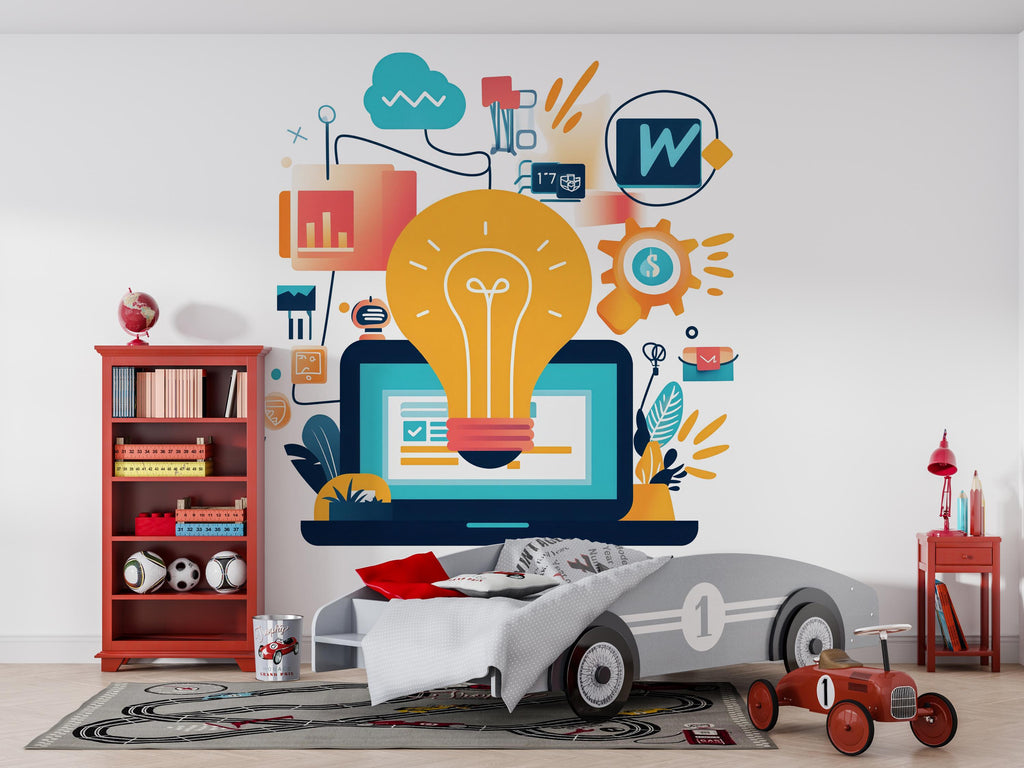 Light Bulb Wall Decal, Tech Nursery Wall Art, STEM Kids Room Decor, Innovation Wall Sticker, Playroom Peel and Stick Mural, 150gm