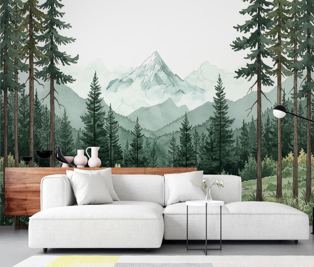 Mountain Forest Watercolor Wallpaper – Misty Evergreen Forest & Snow-Capped Peaks, Dreamy Storybook Landscape Art