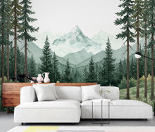 Load image into Gallery viewer, Mountain Forest Watercolor Wallpaper – Misty Evergreen Forest &amp; Snow-Capped Peaks, Dreamy Storybook Landscape Art