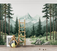 Load image into Gallery viewer, Mountain Forest Watercolor Wallpaper – Misty Evergreen Forest &amp; Snow-Capped Peaks, Dreamy Storybook Landscape Art