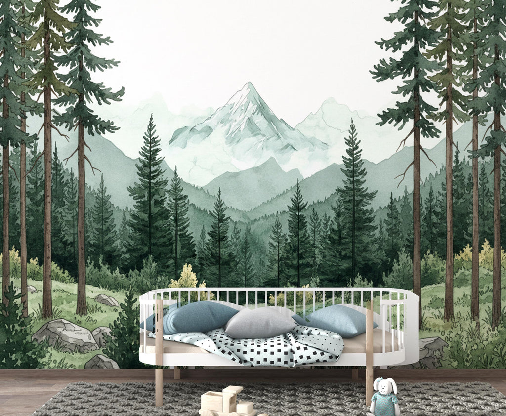 Mountain Forest Watercolor Wallpaper – Misty Evergreen Forest & Snow-Capped Peaks, Dreamy Storybook Landscape Art