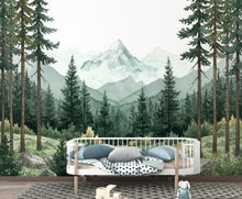Load image into Gallery viewer, Mountain Forest Watercolor Wallpaper – Misty Evergreen Forest &amp; Snow-Capped Peaks, Dreamy Storybook Landscape Art