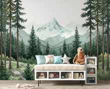 Load image into Gallery viewer, Mountain Forest Watercolor Wallpaper – Misty Evergreen Forest &amp; Snow-Capped Peaks, Dreamy Storybook Landscape Art