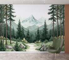 Load image into Gallery viewer, Mountain Forest Watercolor Wallpaper – Misty Evergreen Forest &amp; Snow-Capped Peaks, Dreamy Storybook Landscape Art