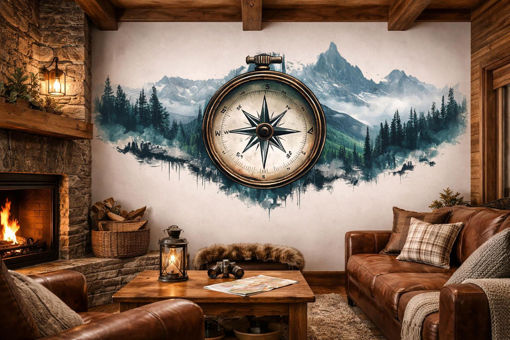 Compass Mountain Wallpaper Cabin Wall Decal Rustic Wall Mural Peel And Stick Wallpaper Lodge Decor Forest Adventure Nature Wall Art