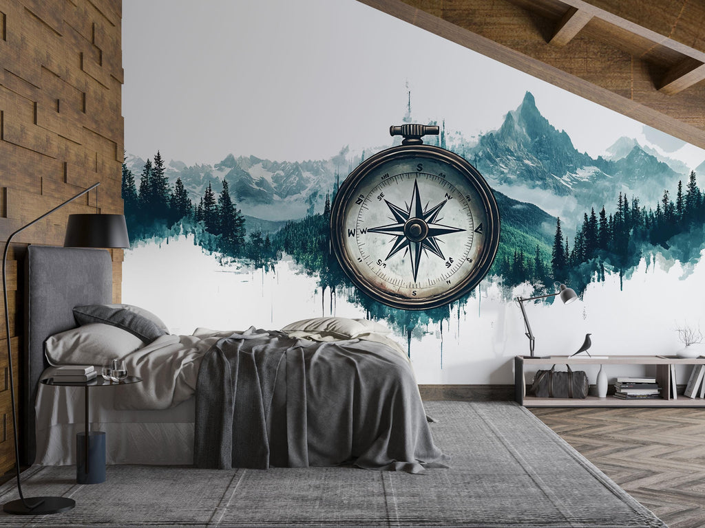 Compass Mountain Wallpaper Cabin Wall Decal Rustic Wall Mural Peel And Stick Wallpaper Lodge Decor Forest Adventure Nature Wall Art
