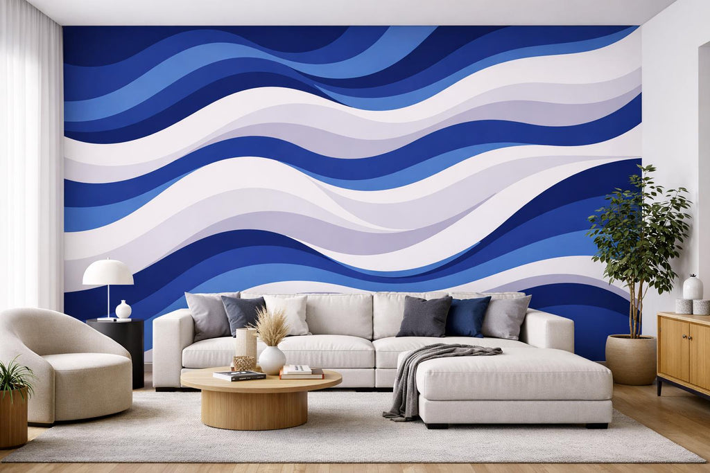 Blue Wave Wall Wallpaper, Navy Abstract Wall Mural, Modern Ocean Style Wall Decor, Peel and Stick or Traditional WAL003